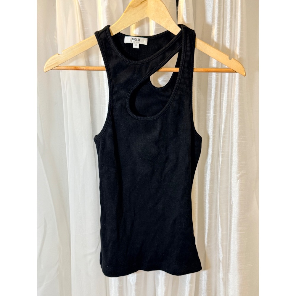 AGOLDE Tank Top Womens S Black Ribbed Asymmetric Cut Out Sleeveless Tee